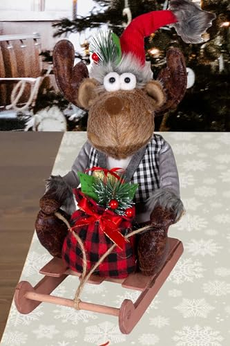 KAMACA Deko ELCH/Rentier aus Stoff mit knuffigem Outfit ausgefallene Dekoidee oder zum Verschenken zu Winter Weihnachten (Rentier Junge auf Schlitten 40 cm)