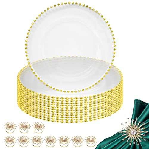 WedDecor 13-inch Gold Beads Glass Charger Plates Set of 12 with Pearl Diamante Napkin Rings – Elegant Glass Plates and Napkin Rings Set for Wedding, Dinner Party, Event, and Table Decoration | Presentation of Elegant Plates and Napkin Rings Set for Wedding, Thanksgiving , Dinner Party, Event and Table Decoration