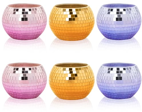 Toptime Teelichthalter 6er Set, Glitzer Mosaik Kerzenhalter Glas mit Farbverlauf, Romantischer Handgefertigter Teelichtgläser mit Spiegelglas, Bunt Windlicht für Geburtstag, Weihnachten, Party Deko