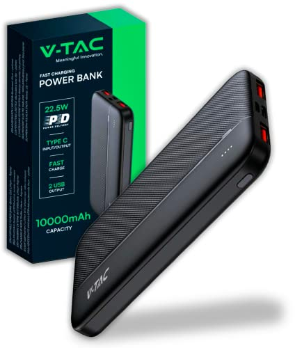 V-TAC Power Bank 10000 mAh con Ricarica Rapida PD 22.5W - PowerBank Batteria Esterna Sottile con Porta USB Type-C e 2 Porte USB-A - Compatibile iPhone, iPad, Samsung, iPad, Xiaomi - Nero