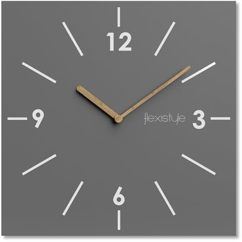 FLEXISTYLE Scandic quadratische Wanduhr 30 cm modern Holz Badezimmer Wohnzimmer ohne Ticken (Grau)