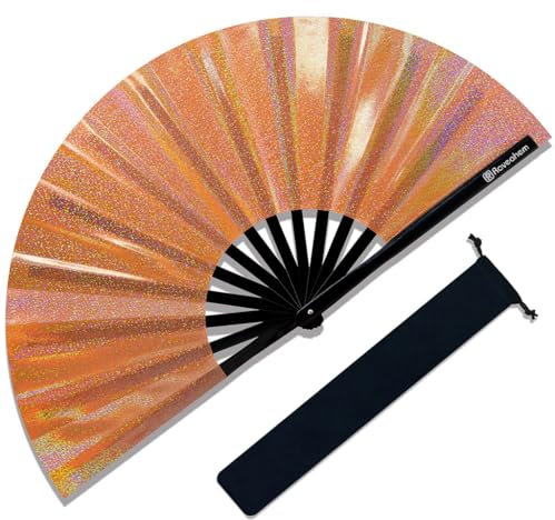 Raveahem Glitter Large Rave Folding Clack Hand Fan with Holster for Men Women Handheld Fan for EDM,Festival,Club,Party,Dance (Lridescent Orange, 13)