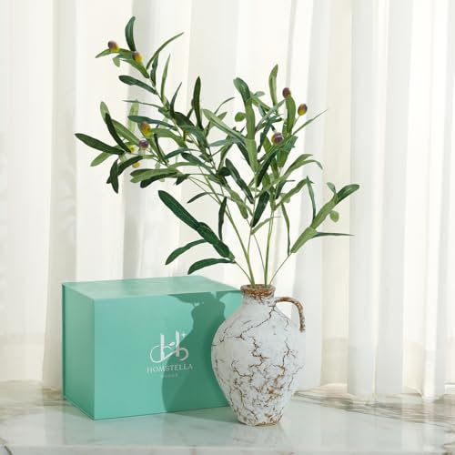 Vaso rustico in ceramica bianca – Ceramica artigianale con finto ramo di ulivo 63 cm in confezione regalo – decorazione per piante finte – perfetto per casa colonica, decorazione vintage per la casa –