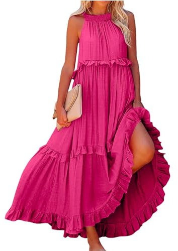 Robes de Plage Femme Été Robes de Soiree Élégant Tendance Dress Longue Couleur Unie Fluide à Volant Swing Robe de Cocktail Sexy pour Dîner und Prom Dresses Rose XL
