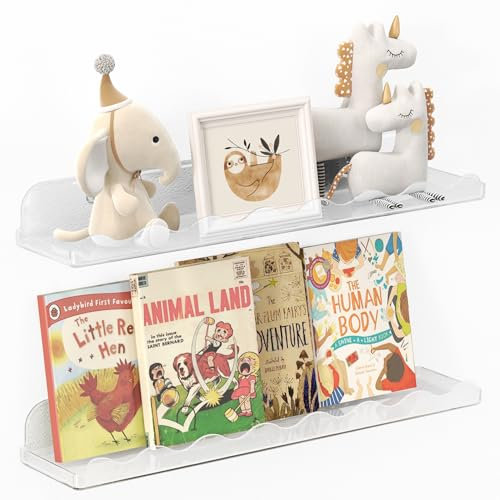Lifewit Lot de 2 Etagere Murale en Plastique, 38 cm Support Vinyle Enfant pour Livres/Disque Vinyle/Photo/Décoratif, Rangement et Organisation dans la Chambre/Salon/Salle de Bain/Cuisine, Transparent