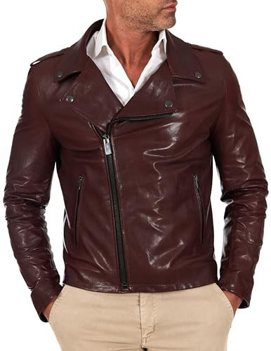 D'Arienzo Chiodo Pelle Color Vinaccia con Alette da Uomo Giubbotto Biker Vintage Vera Pelle Made in Italy 50/Vinaccio