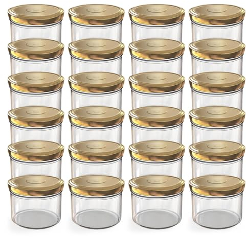 Oputec 24 x 230 ml Einmachgläser mit Schraubdeckel Gold – Perfekt für Marmeladen, Konfitüren und mehr, kleine Gläser mit Deckel, ideal als Mini-Marmeladengläser und Schraubgläser