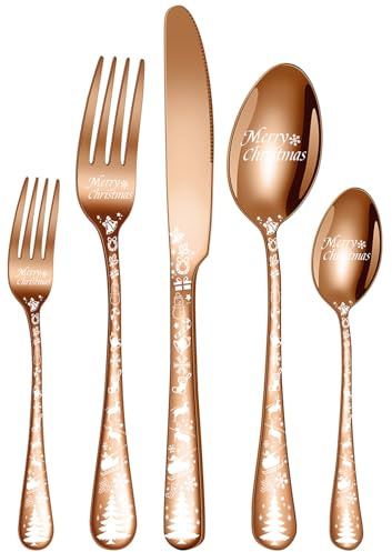 XIAOYU Set di 5 posate natalizie, set di posate in acciaio inox con manico unico con motivo albero di Natale, set di cucchiai con forchetta e coltelli, set di posate da tavola per Natale, Halloween e