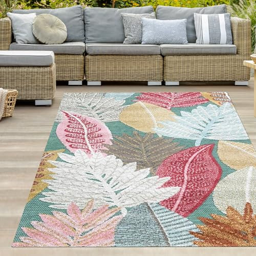 Teppich-Traum In-und Outdoor Teppich Balkon Terrasse wetterbeständig pflegeleicht Blumen Blätter Muster modern türkis bunt 200 x 290 cm