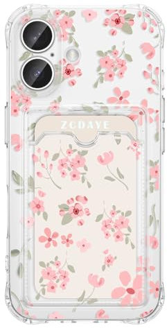 ZCDAYE Floral Clear Case for iPhone 16 with Card Holder, Elegant Cute Flower Woman Phone Case, Soft TPU Shockproof Protective Phone Cover for iPhone 16 (6.1 inch), Gentle Pink