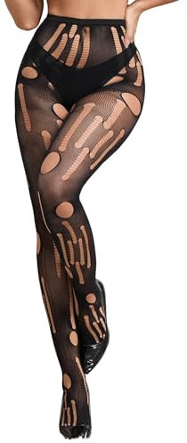 ohyeahlady Talla Grande Medias Rejilla Mujer Rasgadas Encaje Ajustables Pantimedias de Red Elástico Calcetines Fiesta de Malla Cintura Alta Tights Lencería Curvy Ropa Interior en Caja (Negro,XS-M)