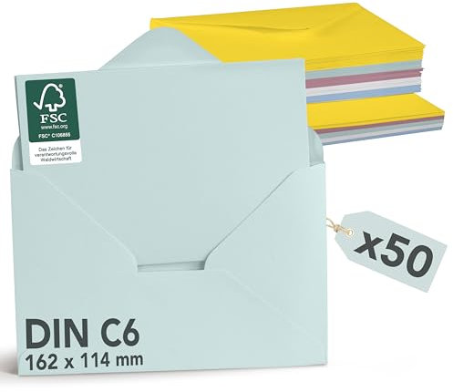 Falinko 50x Faltkarten mit Umschlag Pastell Farbmix I Din A6/C6 I Faltkarten blanko I Briefumschläge bunt I neutrale Grußkarten mit Umschlag