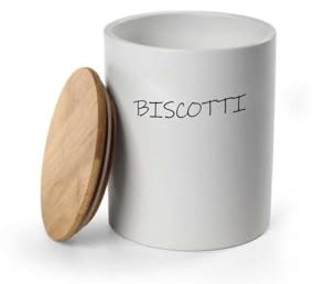 MECSAL CASALINGHI Barattolo Biscottiera, Porta Biscotti, Contenitore Cucina, in Ceramica Quadrato Rotondo, Tappo in Legno, bianco (1, ROTONDO BIANCO)