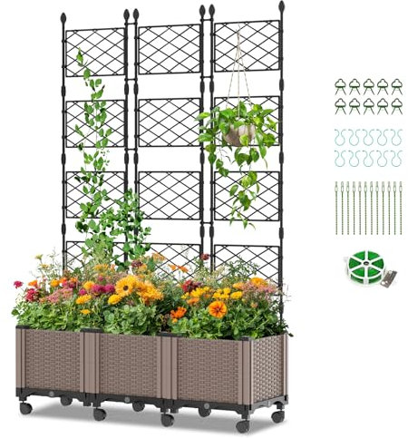 Ytaoeo Blumenkasten Hochbeet mit Rankgitter, Pflanzkasten mit Spalier Sichtschutz, Garten Pflanzkübel mit Rankhilfe und Rollenrad, Selbstbewässerung Gartenspalier für Terrasse und Balkon