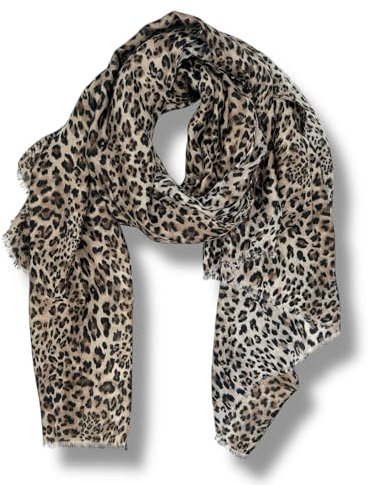 Ziona Leo Print Damen Tuch 178cm x 87cm Leopardenmuster Halstuch mit leichten Fransen Frühling Schal (Beige-Schwarz-Dunkelbraun)