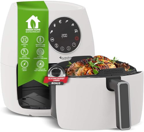 Heißluftfritteuse 3,5L NEU mit Silikoneinlage Airfyer für 0,3 kg Pommes Power 75-200°C 1300 W, 6 Programme Heissluftfritteuse Easy Air Fryer Braten Rösten (weiß)