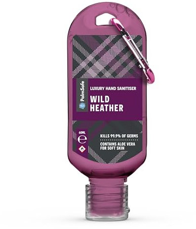 Palm Safe Wild Heather 60ml Anti Bacterial Premium Hand Sanitiser Travel Size Refillable Clip Bottle Quick Drying Non Sticky Extra Moisturising Kills 99.9% of Viruses and Bacteria