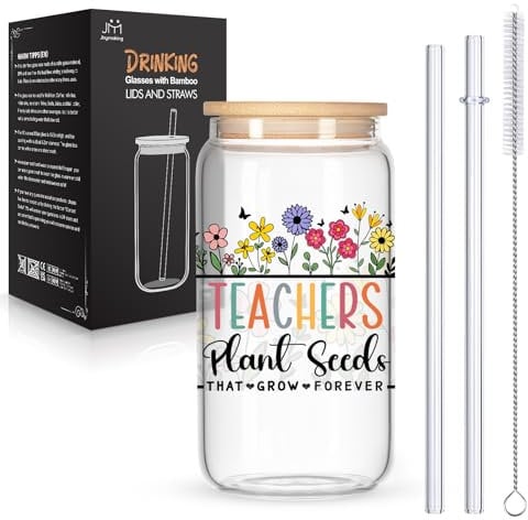 Joymaking Bamboo Lid Drinking Glasses with Glass Straws - 16oz Iced Coffee Tea Glasses for Teacher, Graduation Gifts, Teacher Appreciation Gifts Coffee Tumbler