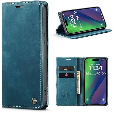 Lanranwa Coque pour iPhone 15 5G - Vert Sarcelle | Premium Housse Cuir Protection Pochette Rabat Portefeuille Flip Case Porte Magnétique Coque Étui