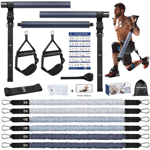 ALongSong Fitnessbänder Set mit 6 Widerstandsbänder 50-360lbs & Pilates-Stange, Griffe, Türanker für Fitness Widerstandsbänder Krafttraining Fitnessgeräte für Zuhause
