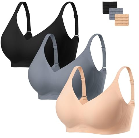 HBselect Nahtloser BH Damen ohne Bügel 3er Set mit vollständiger Abdeckung | bequeme kabellose Push-Up-BHs mit weicher Unterstützung, komfortable Bralettes, V-Ausschnitt-BH mit verstellbaren Trägern