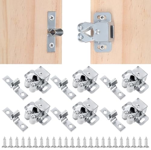 TIESOME 6 Stück Möbelschnäpper Schranktür, Edelstahl Doppelrollen Schnäpper | mit 24 Schrauben, Double Rollenschnäpper Catch Silber Schrankverschlüss Tür Latch Fang Türschnäpper für Schränke