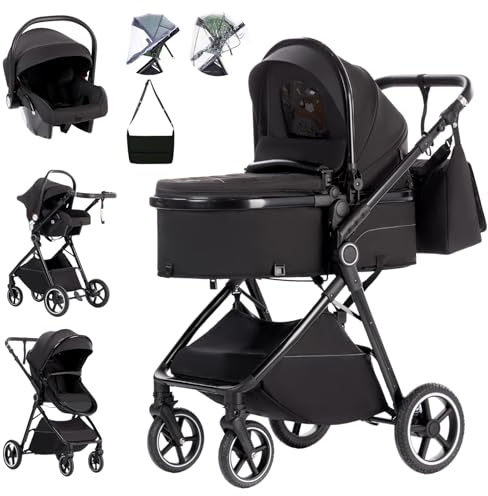 Zkiprm Kinderwagen 3 in 1, Doppelte Faltun Kinderwagenset mit Sitz | Zwei-Wege-Schub Babywagen, Liegeposition verstellbar, Große ausziehbare Verdeck, bis 15 kg, 0-3 Jahre