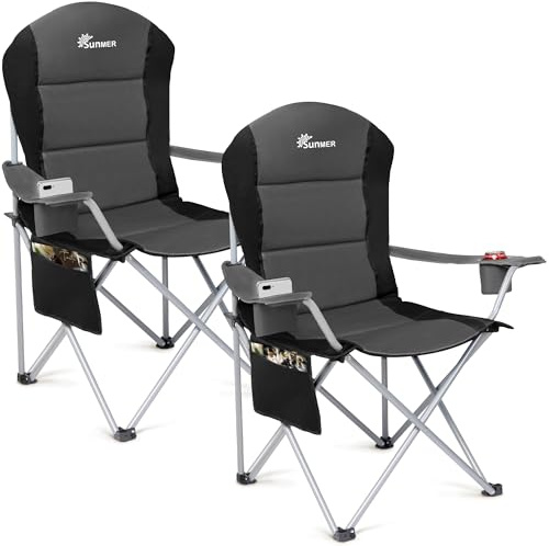 SUNMER Padded Camping Chairs - Set of 2 Deluxe Folding Chairs with Cup Holder and Side Pockets - Holds up to 120kg - Lightweight 3.3kg per Chair - Professional Outdoor & Garden Seating - Dark Grey