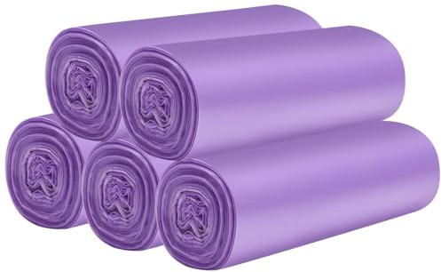 Lot de 5 rouleaux de sacs poubelle de 100 pièces, 10 L de petits sacs poubelle pour salle de bain, chambre, bureau, cuisine, sacs poubelle violets non parfumés