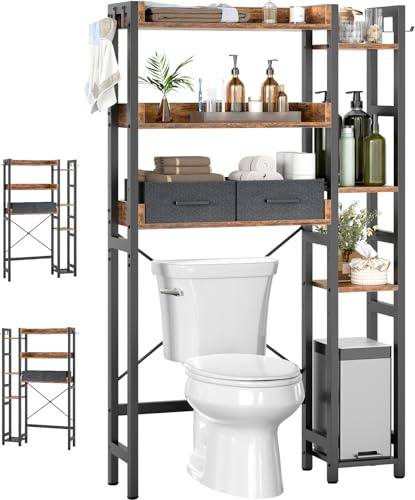 iSunirm Waschmaschinenregal mit 2 Schubladen – 7-stöckiger Toilettenregal mit verstellbarem Regal, Toilettenregal mit 4 Haken für Bad und Waschküche, Rustikales Braun