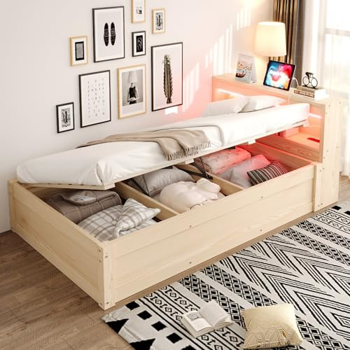 Merax Holzbett 90x200 cm mit Euro-Steckdose, Staufächern, Schlafsofa mit LED-Lichtleiste & Hydraulik – Holzfarbe (Ohne Matratze)
