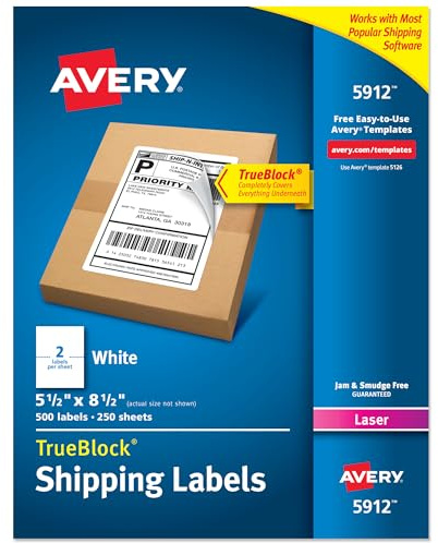 Avery Half-Sheet Printable Shipping Labels, 5.5 x 8.5 Customizable Stickers, White, 500 Blank Mailing Labels, Great for Mailing, Shipping, Organizing, and More (5912)