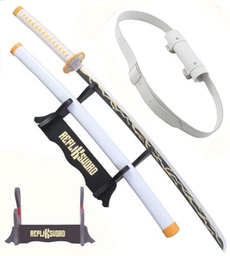 Demon Slayer Katana Zenitsu en Bois Lame en Bois Sabre Zenitsu Epee Replique Sabre Decoration Replique Epee Cosplay + Presentoir Inclus + Ceinturon Inclus
