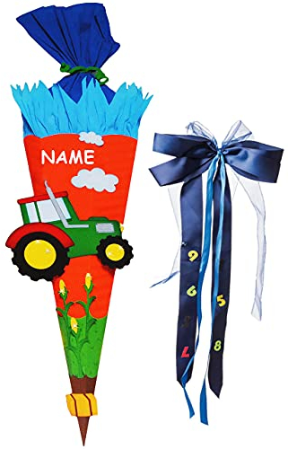 alles-meine.de GmbH BASTELSET Schultüte - Traktor & Bauernhof - 70/85 cm - incl. großer Schleife + Name - mit/ohne Kunststoff Spitze - Zuckertüte - Set zum selber Basteln..