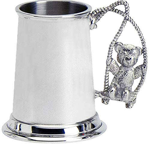 I LUV LTD Christening Gift Childs Tankard Pewter Can with Swinging Teddy Handle
