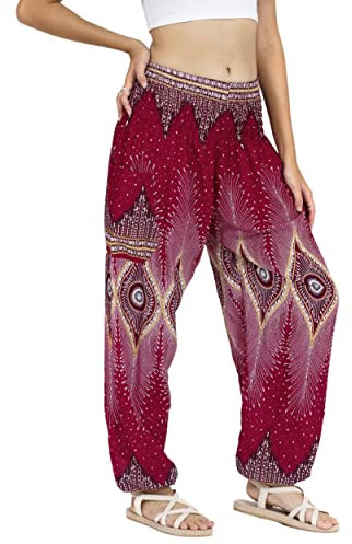 Lofbaz Damen Haremshose Yogahose Pumphose Hippie Hose Boho Kleidung Festival Outfit Sommerhose Leicht Sommer Hosen - Floral 2 Burgund S