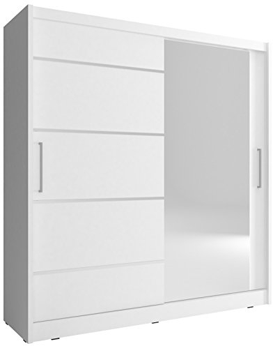Kleiderschrank Schwebetürenschrank mit Spiegel 2-türig Schrank mit Einlegeböden und Kleiderstange Gaderobe Schiebtüren Fronten mit Aluminium-Deko - 200x62x214cm - BORNEO 1 ALU (Weiß, 200 cm)
