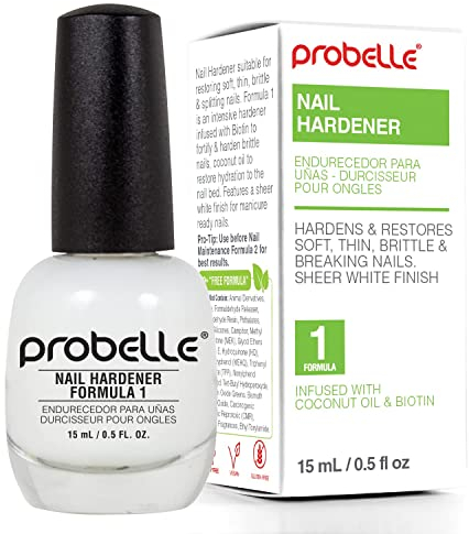 Probelle Nail Hardener Formula 1 - Repair, Grow & Restore Damaged Nails, Aids Splitting, Breaking, Peeling; Sheer White