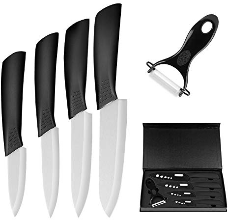 Ballery Juego de Cuchillos de Cocina Profesional, Cuchillos de Cerámica Set, 4 Piezas Cuchillo Multifuncional, 1 Pelador Cerámica, Ideal para hoga (Blanco)