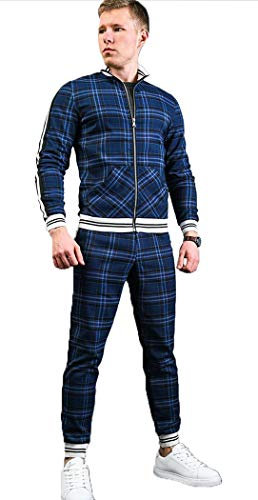 WBLKD 2 Stück Herren Trainingsanzug Outfit Plaid Long Sleeve Zipper Sweatshirt Und Hosen Set D-XXXL
