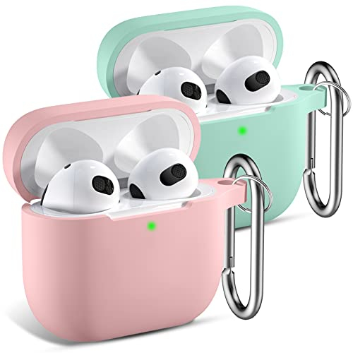 CeMiKa Funda para Airpods 3 2021, Fundas Protectora de Silicona para AirPods 3 Case, Estuche Protector de Cuerpo Completo Compatible con Apple AirPods 3.ª Generación, con Llavero - Rosa/Turquesa
