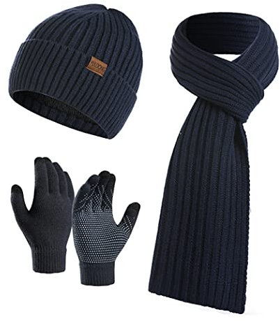 YULOONG Winter Beanie Mütze Schal Touchscreen Fahrhandschuhe Set für Herren Damen Rippstrick 3 in 1 Marine