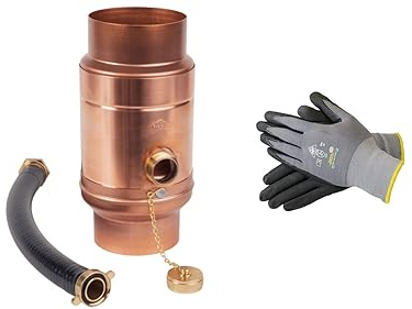 Sanitärshop Baustoffe & Sanitär Kupfer Regenwassersammler 100mm mit Schlauch- und Fassanschluss, 85% Wasser-Ertrag Dank doppelwandigem Aufbau, Wassersammler für Regentonnen + Handschuhe