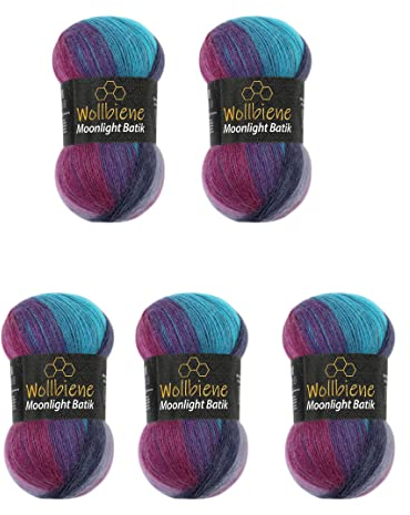 Wollbiene Moonlight Batik 5 x 100g Strickwolle 500 Gramm Wolle zum Stricken und Häkeln 20% Wolle türkische Wolle Farbverlaufswolle Strickwolle (5960 beere lila türkis)