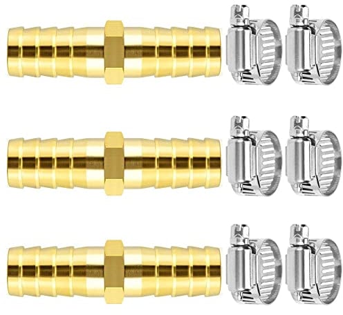 Da by Schlauch Messing Widerhaken Fitting, Widerhaken Splicer Mender 3 Stück 3/8 (10mm) mit 6 Stück Edelstahl-Rohrschellen für Wasser/Kraftstoff/Luft