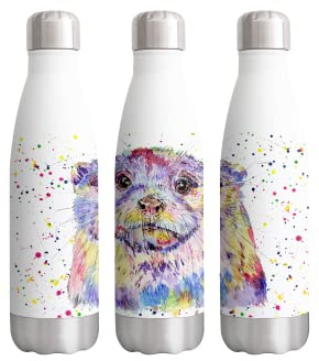 Otter British Wildlife Watercolour Rainbow Art Bottle Double Wall Insulated Stainless Steel Sport Drinks 500ml White Gift Ideal for School Work Office Oudoor Sports Keeps Hot and Cold Drinks