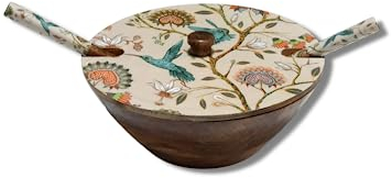 Hartsmede Handmade Wooden Salad Bowl with Lid & Spoons – 12 Large Mango Wood Covered Serving Bowl – Rustic Eco-Friendly Fruit Bowl – Sustainable Gift for Kitchen or Wedding (Humming Bird)