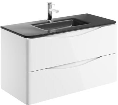 Eaton 900mm White Bathroom Vanity Unit Wall Hung Storage Includes Grey Glass Basin Gloss Finish Bathroom Furniture