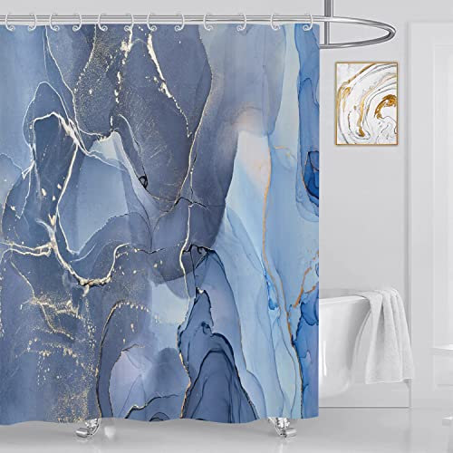 ASDCXZ Duschvorhang Blau Gold Marmor 180x220 cm, Modern Abstrakt Blau Gold Weiß Marmor Optik Textur Waschbar Bad Duschvorhänge Polyester Textil Wasserdicht Duschvorhang für Badewanne mit 12 Hake