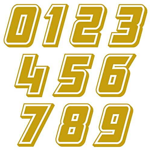 Autodomy Pack 10 Unita Numeri Adesivi per Moto Cross 10x6,5 cm | Adesivi Numeri Moto Resistente Pioggia e al Sole | Adesivo Numero Auto, Scooter,Casco e Quads ATV Facile Installazione | Colore Oro